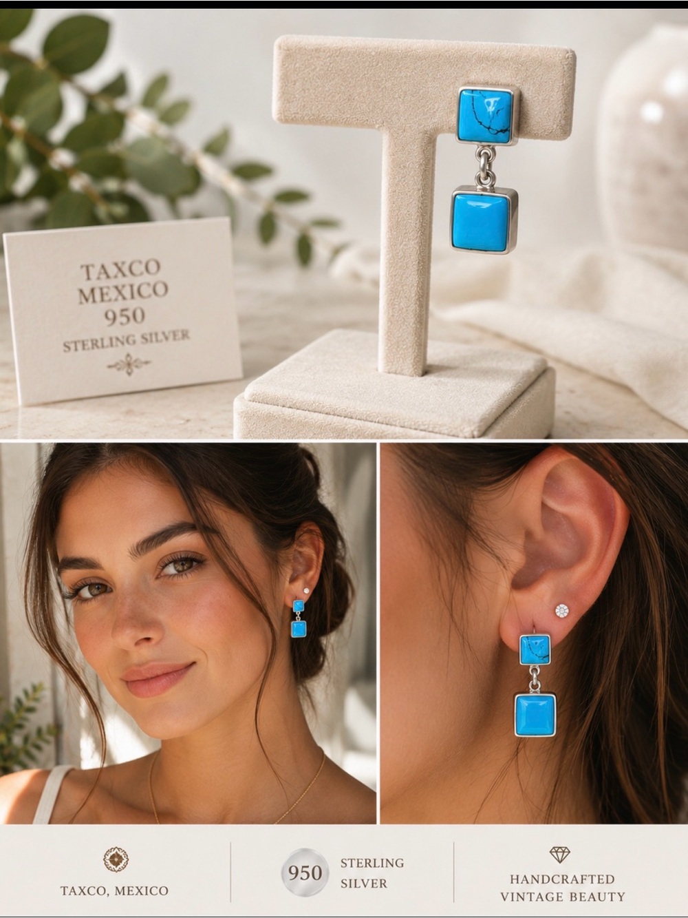 Single Earring*Taxco Mexico 950 Sterling Silver Turquoise Vintage Dangle